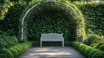 Elegant White Bench in a Lush Green Garden. Generative AI