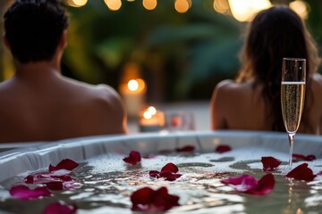 Romantic evening in a hot tub with champagne and rose petals during sunset