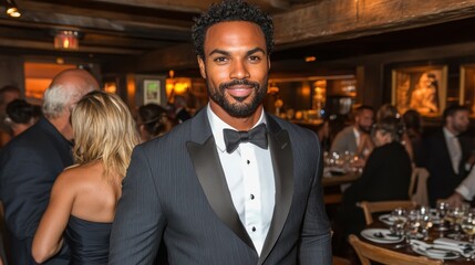 Obraz premium A well-dressed man in a tuxedo stands confidently during an upscale dinner event. The restaurant features an inviting atmosphere with guests dining and chatting nearby