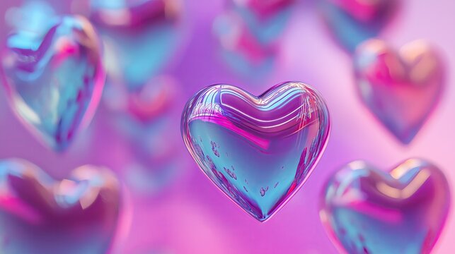 Iridescent floating hearts, redshift render style.