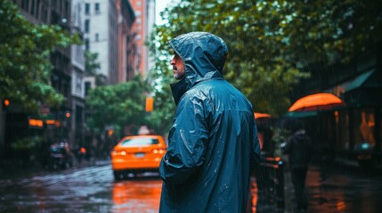 A man stands in a blue raincoat on a busy city street, surrounded by raindrops and reflections while orange umbrellas brighten the gray afternoon