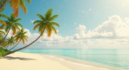 Idyllic tropical beach with palm trees and sunlit clouds on a peaceful day