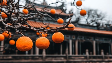 A charming orange tree in a traditional courtyard, with sunlight streaming through its branches and golden tones in the background