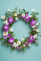 Floral wreath with purple orchids and white daisies.