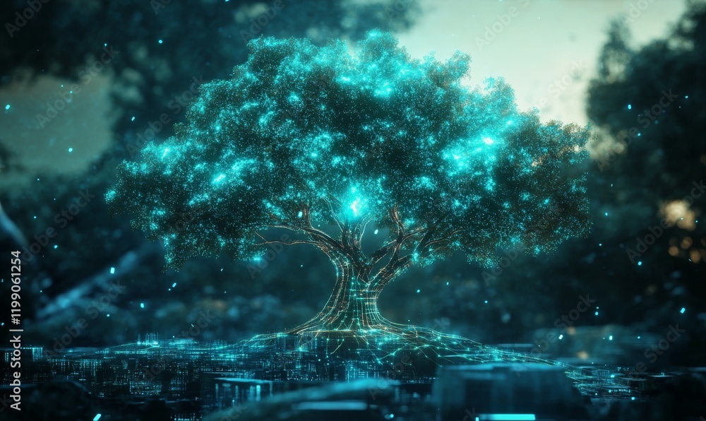Poster conceptual art of a modernized digital tree with glowing branches, representing growth and technolog