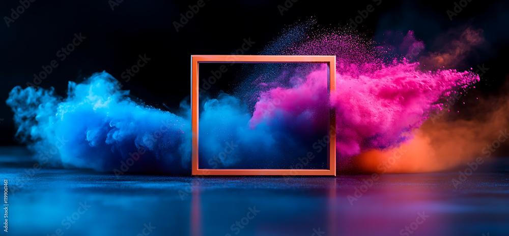 Poster abstract explosion of vibrant powders with square frame.