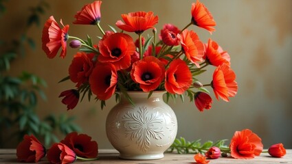 Obraz premium A white vase with vibrant red poppies on a wooden surface against a blurred background.