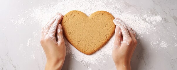 Fototapeta premium A couple baking heart-shaped cookies in a modern kitchen, their hands covered in flour, and laughter filling the air