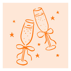 Couple of champagne glasses with bows. Hand drawn ink vector illustration. Elements for poster, social media, banners, invitation. Trendy coquette core template.  