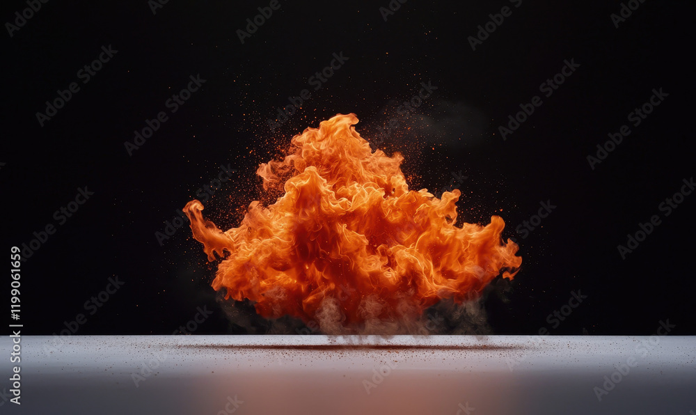 Poster vivid explosion of flames captured in dynamic motion against a dark backdrop, showcasing intensity a