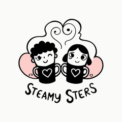 Sticker design of Two mugs clinking, surrounded by hearts and steamy swirls, with two pop girls smiling and holding matching cups. 