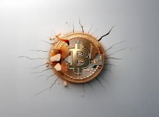 A gold Bitcoin coin breaks through a white wall, its fragments scattered.  The scene symbolizes cryptocurrency volatility and market disruption.