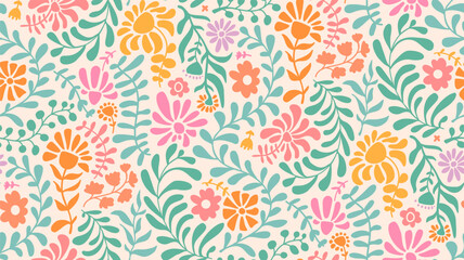 Flowing trailing cut out flowers and foliage in soft pastel colors on cream beige background seamless pattern, vector illustration design print