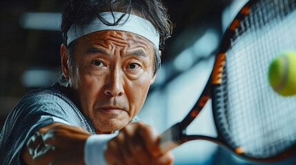 Energetic asian senior man actively playing tennis in a vibrant indoor court during a sunny afternoon