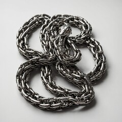 A snake composed of smooth metal links and bicycle chains, elegantly twisting on a clean white background.