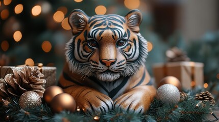 Holiday Harmony: Tiger Statue with Christmas Decorations. Generative AI