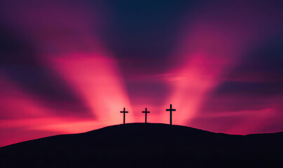Stunning Silhouette of Three Crosses Against a Vibrant Sunset Sky: Captivating Symbol of Faith and Serenity