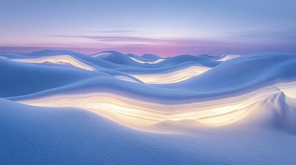 Soft waves of freshly fallen snow glowing under subtle northern light hues