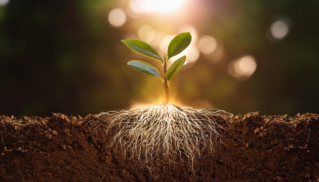 Plant with roots in ground. Fresh green leaf. Nature concept. Close-up.