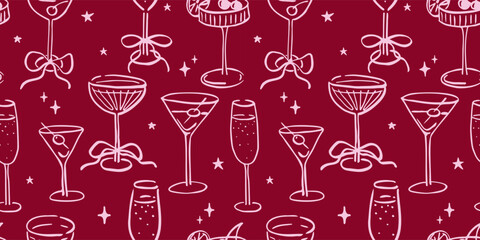 Seamless pattern with various alcohol drinks. Hand drawn ink vector illustration. Elements for poster, social media, banners, invitation. Trendy coquette core template.   