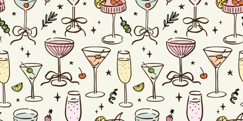 Seamless pattern with various alcohol drinks. Hand drawn ink vector illustration. Elements for poster, social media, banners, invitation. Trendy coquette core template.   