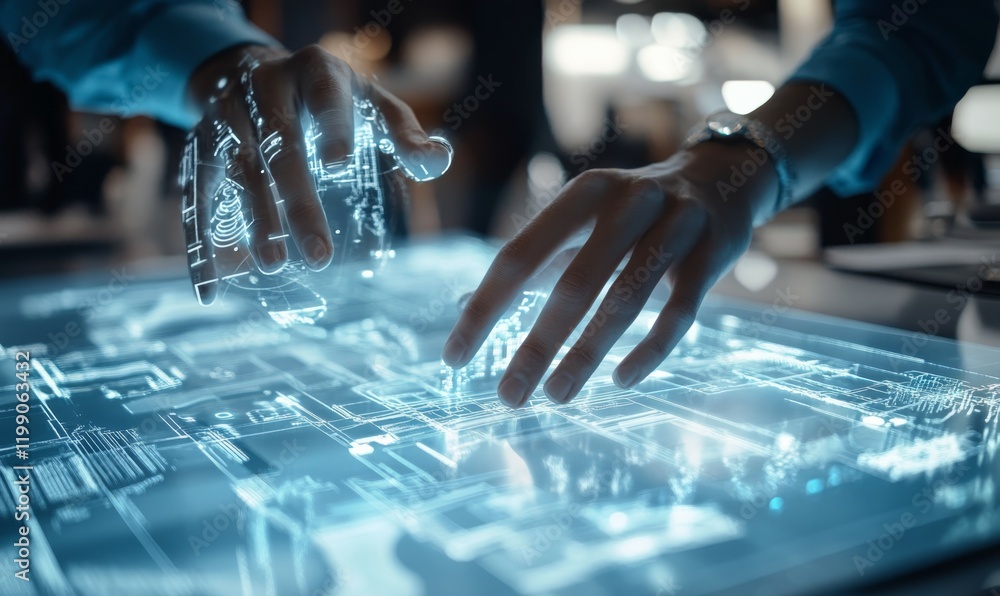 Poster digital hands interacting with holographic blueprints, showcasing advanced technology and engineerin
