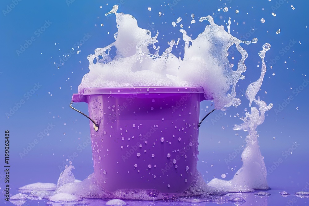 Poster soap suds overflowing from a purple bucket, creating a dynamic cleaning scene