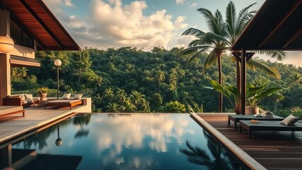 Luxurious modern home with infinity pool overlooking lush jungle, dream, contemporary