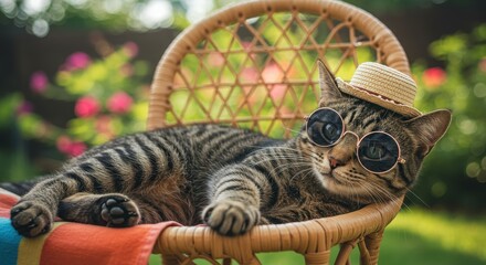 Cool cat chilling in a chair with sunglasses and straw hat in sunny garden