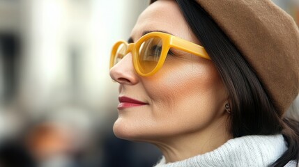 A fashionable woman stands outdoors, sporting yellow sunglasses and a brown hat, embodying chic style. The backdrop features a lively city atmosphere with blurred figures
