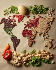 Diverse ingredients forming a world map. Perfect for global cuisine and food diversity themes.