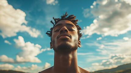 Man enjoying a moment of tranquility under a bright blue sky with clouds in a panoramic view