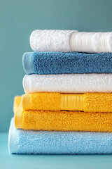 Neatly stacked, colorful towels on a bright background. Ideal for hygiene and cleanliness visuals.