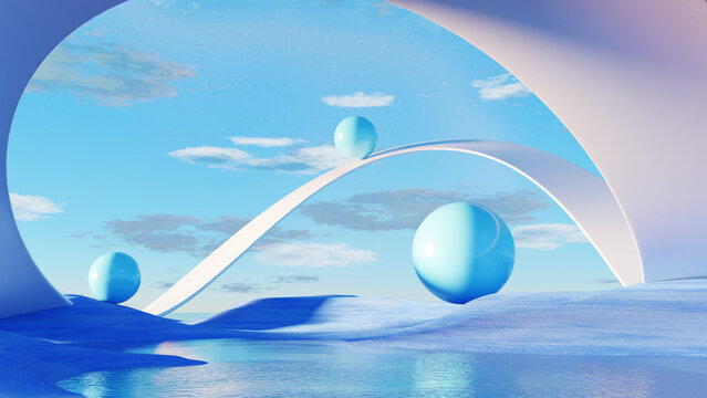 3D render, Futuristic blue landscape with glossy spheres and curved white structures under a bright sky.
