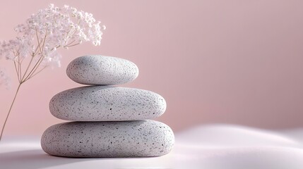 Balanced stones, delicate flowers, pink background, zen spa setting, wellness concept