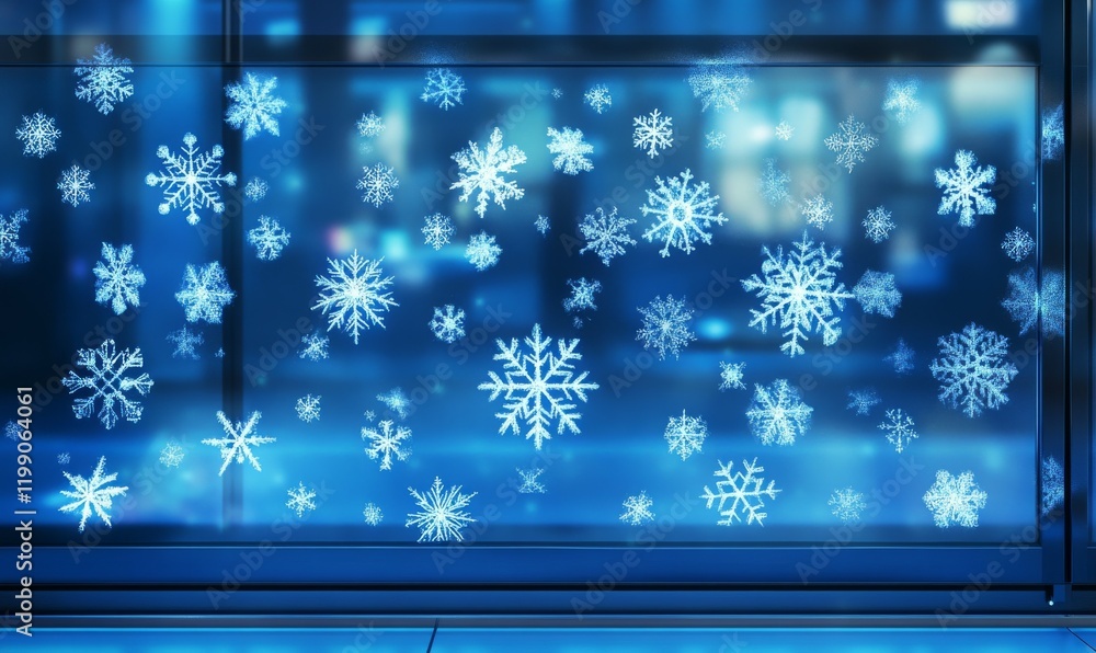 Poster digital weather forecast display showing snowflakes and freeze warning. blue background enhances win