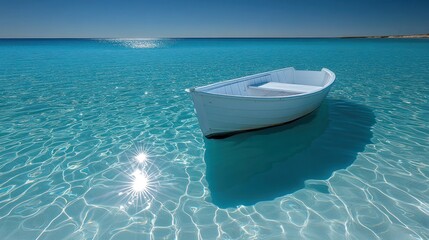 White rowboat floats on calm, turquoise water.