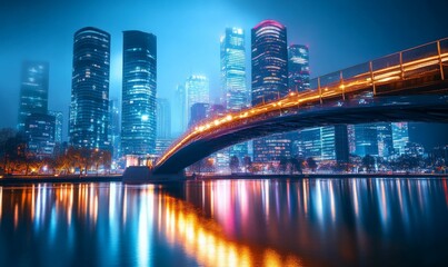 Cyberpunk Cityscape with Bridge and Illuminated Skyscrapers