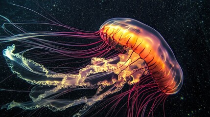 Surreal aurora-like jellyfish drifting in deep waters