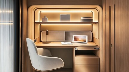 Modern workspace with a sleek desk, chair, and organized shelves.