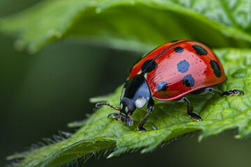 Fototapeta premium Close up of ladybug exploring vibrant green leaf in nature