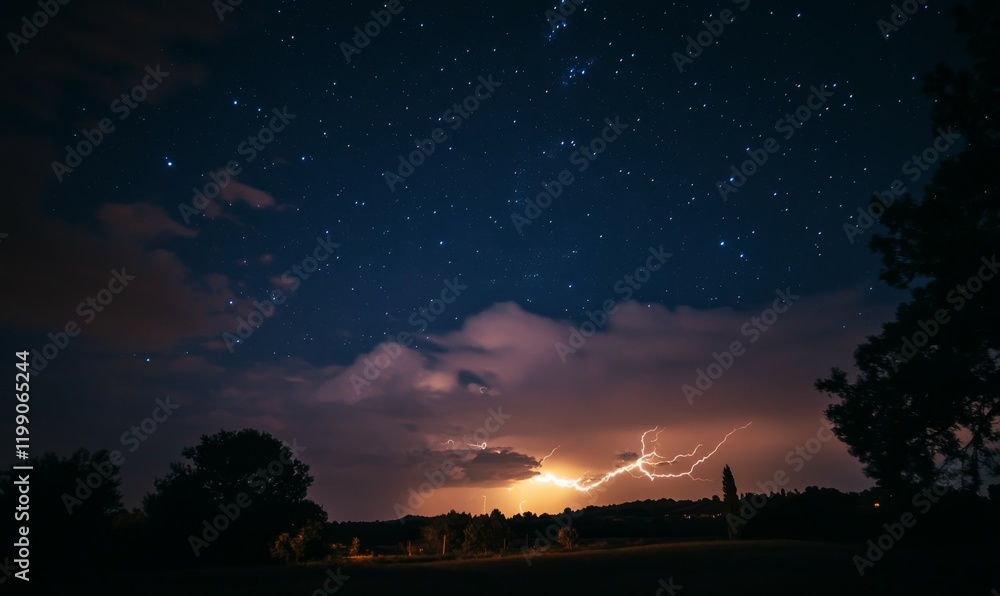 Poster dark canvas of starry night sky with vibrant lightning strikes moving in unpredictable patterns, cel