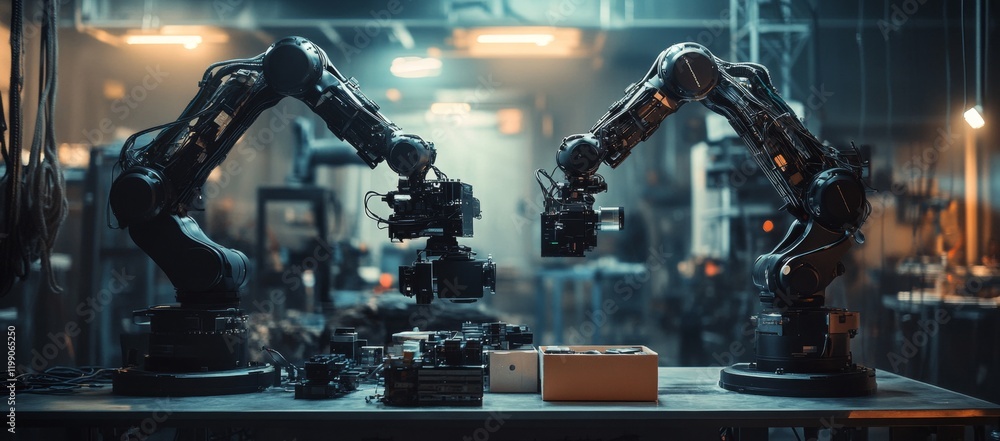 Poster two robotic arms are on a table in a factory
