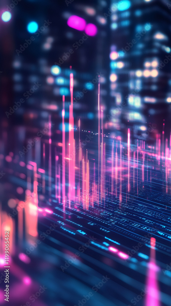 Poster Digital landscape featuring luminescent pink and blue lines ascending over coded surface, visualizing dynamic financial growth in high-tech digital realm