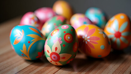 Close-up of intricately decorated Easter eggs resting on wooden surface, vibrant colors