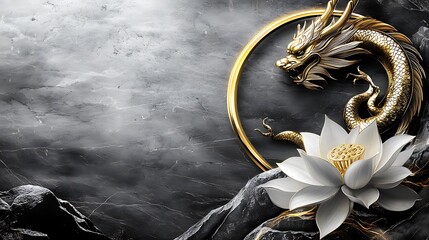 A traditional Chinese-inspired design with a golden dragon framing text surrounded by lotus flowers and auspicious symbols