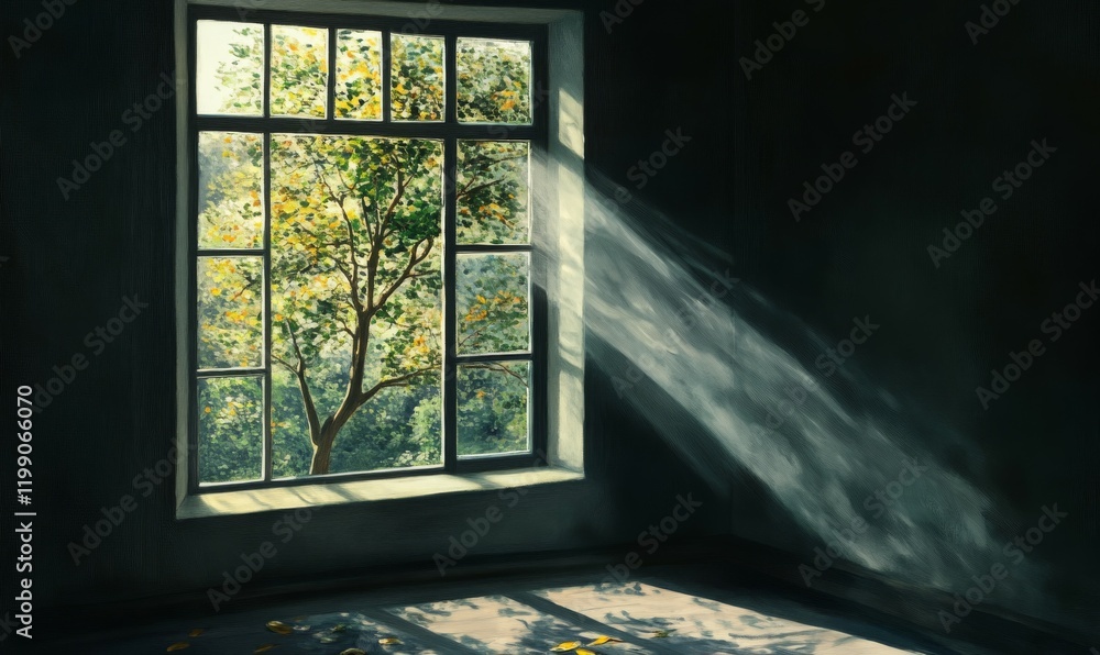 Poster dark interior with a view of a tree and sunlight through a window