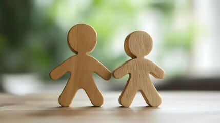Wooden figures holding hands, indoor setting, blurred green background, family concept
