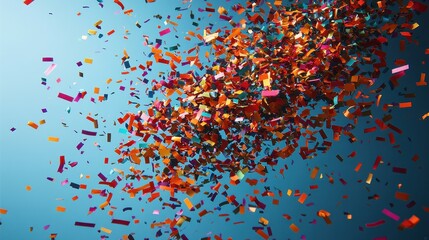 Vibrant confetti in shades of orange, pink, and blue cascades through the air, adding excitement to a lively celebration. The background enhances the festive mood
