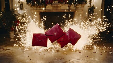 A magical depiction of red envelopes levitating in a golden mist, with auspicious symbols subtly glowing on their surfaces